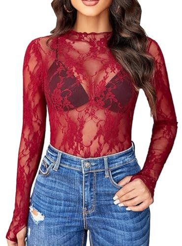 NewBull Sexy Lace Top Women's Long Sleeve Top Lace Women Long Sleeve Sheer Mesh Sheer Mesh Blouse Transparent Shirt Women's Crop Tops See Throgh Tops for Women