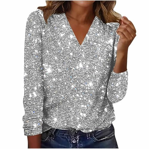 Sequin Top for Women UK Sparkly Tunic Blouses Shiny Long Sleeve V Neck T Shirt Party Night Club Casual Loose Dressy Tee Ladies Elegant Shimmer Glitter Wedding Christmas Cocktail Prom Going Out Grey XL
