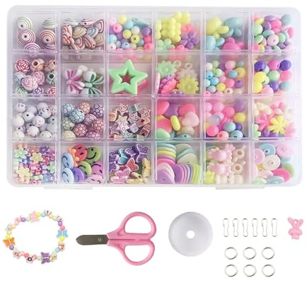 LifgWas Kit de Bracelet Élastique Enfant avec 24 Types de Perles Pour Faire Des Bijoux DIY Collier et Bandeau Cadeau Créatif Pour Filles Débutantes Loisirs Manuels à La Maison