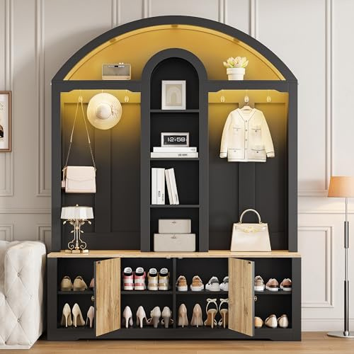 Moderne Flurgarderobe Set mit Beleuchtung – Geschwungenes Garderobenschrank Flur mit Schuhregal, Ablagen, Haken & Sitzbank, Garderobenset Für Kleine Räume, Schwarz Kompaktgarderobe,150x40x195 cm