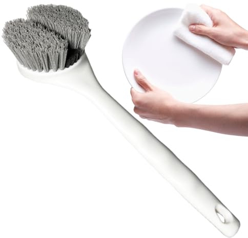 Dish Brush with Long Handle | Ergonomic Heat Resistant Dishwasher Brush with Hanging Hole, Brush for Sinks, Tableware, Pans, Bathtubs, Tiles, Countertops