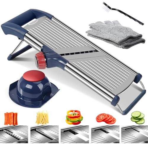 Masthome Mandoline Slicer 5-in-1, Adjustable Stainless Steel | Portable, Non Slip Base, Dishwasher Safe, Cut Resistant Gloves, Food Pusher and Cleaning Brush, for Kitchen Vegetable Fruit