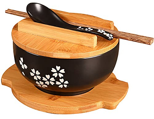Sakura Ramenschüssel aus Keramik, traditionell, japanisch, groß, 1000 ml, Suppe, Nudeln, Reisschalen mit Deckel, Löffel, Essstäbchen, Bambus-Tablett, Geschirr-Set, Geschenk-Box-Verpackung (#1)