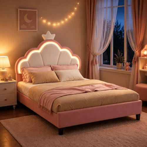 HYNHXBP Single Pink Princess Bed Frame for Girls, 3FT Kids Upholstered Bed with Cloud Shaped RGB LED Headboard, Height Adjustable Headboard, Wooden Slats, Children’s Bedroom Furniture