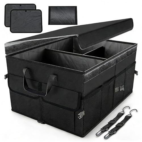 HomeVC Car Boot Organiser, 60L Collapsible Car Boot Storage with Lid, Non-Slip Bottom & Adjustable Straps, 600D Oxford Sturdy SUV Truck Van Storage Organizer for Women Men, Black