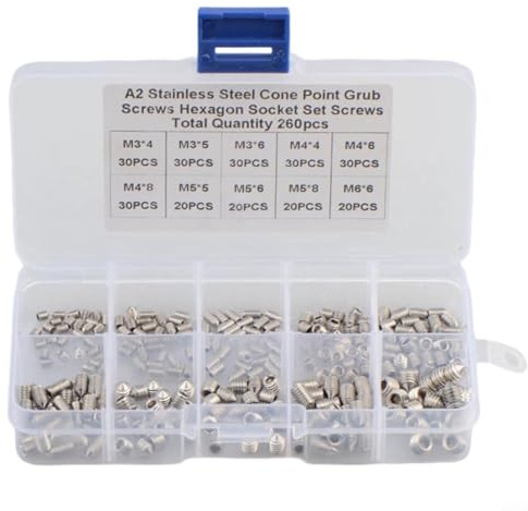 260 piezas de tornillos hexagonales de punta cónica 304 de acero inoxidable sin cabeza pernos de rosca métrica para manijas de puerta, grifos, lámparas, cerraduras, maquinaria, electrónica