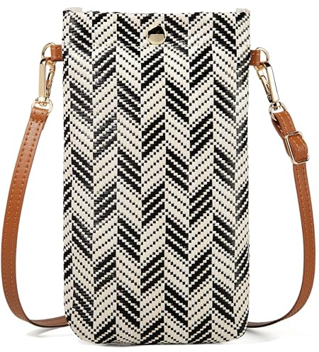 HATOFES Petit sac à bandoulière pour femme avec porte-monnaie pour téléphone portable et sangle d'épaule réglable, sac à bandoulière en paille, porte-monnaie à pièces et cadeaux, Noir , 21.5