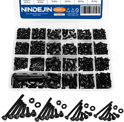NINDEJIN 1060Pcs M2 M3 M4 M5 Schrauben Set, Schrauben Muttern und Unterlegscheiben Sortiment Kit mit 4Pcs Schraubenschlüssel, Satz Zylinderkopfschrauben mit Aufbewahrung Box | Kohlenstoffstahl, Hex-Sockelkopfdeckel, Schrauben, Muttern, Scheiben, Hex-Zugziehern, rost- und oxidationsbeständig,Schraube