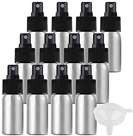 ZEOABSY Pack of 24 Empty 30ml Silver Aluminium Spray Bottle Refillable Aluminum Bottles with Black Fine Mist Sprayer Metal Spray Bottles for Perfume Hair Garden Travel, Funnel