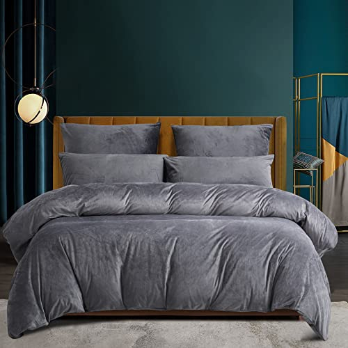 Plüsch Bettwäsche 135x200 Winter 4tlg Flauschig Bettbezug Set Fleece Flanell Winterbettwäsche Grau Warme Microfaser Plüschbettwäsche Einfarbig und Kopfkissenbezüge 80x80 cm mit Reißverschluss