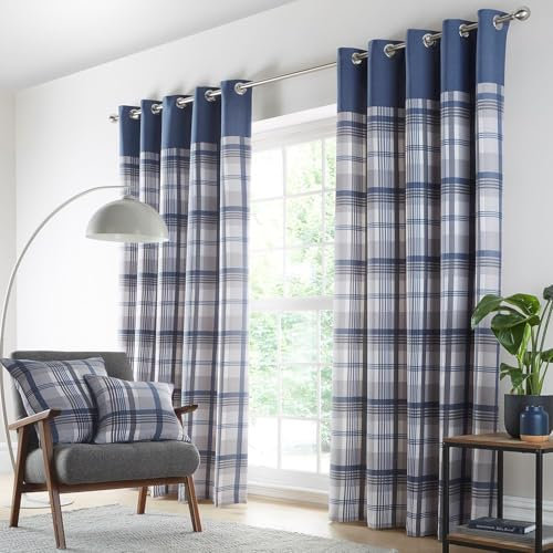 HOMEMAKER BEDDING Curtains Blue Grey eyelet ring top lined tartan check pair (46 x 72 (117x183cm))