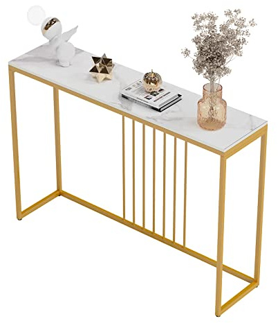 FATIVO Tavolo Console Ingresso Bianco in Pietra Sinterizzata Effetto Marmo | 120x30x78,5cm Lucido, Salvaspazio, Gambe in Metallo per Soggiorno Corridoio, Facile da Pulire