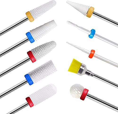 Homeet Punte Fresa Unghie Ceramica Set di Manicure Elettrico da 10 Pezzi Punte Fresa Unghie Ceramica Kit di Trapano per Unghie Elettrico 3/32Ceramica Lima per Unghie Elettrica Manicure Pedicure