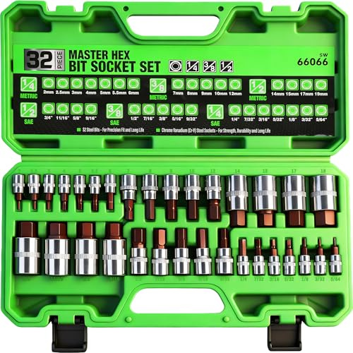 SWANLAKE 32 Piece Hex Bit Socket Set,SAE and Metric, 1/4'', 3/8', 1/2'' Drive Socket Set, S2 & Cr-V Steel