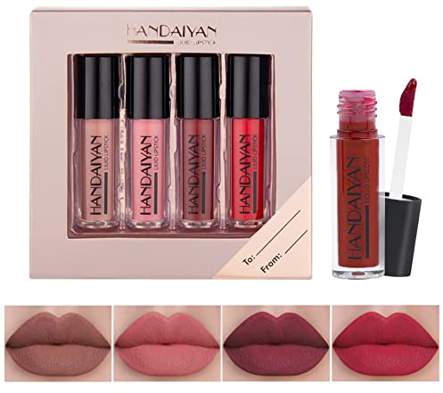 Zhiaek 4 Stück Lippenstift Set Lipgloss Matt Wasserfest Schminke Halt Langanhaltender Nudetöne Liquid Lipstick Set Matte Lip Gloss Make up Geschenke (4 Farbe)