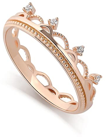 Bague diadème couronne pour femme Bague mignonne en argent sterling avec diamants Bague en or empilable délicate et minimaliste Bijoux faits main (Or rose, 55.875)