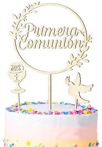 3pcs Topper Tarta Madera Mi Primera Comunión Paloma Santo Grial Decoracón Bautizo Cake Topper para Fiesta Bautizo Comunión Español Niños
