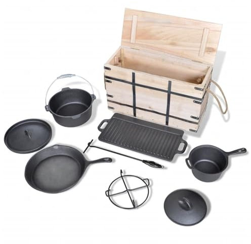 Brokky Dutch Oven Cooking Set Cast Iron Camping Cooking Set Kitchen Cookware Bakeware Set w/Carrying Bag for Outdoor Frying BBQ Baking on Open Fire,Dutch Oven Set 9pcs