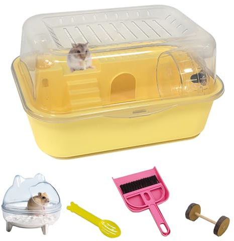 Hamiledyi Dwarf Hamster Cage Clear Plastic Small Hamster Cage Portable Carrier with Water Bottle Exercise Wheel Bathtub Box Set Toy for Dwarf Baby Hamster (Yellow)