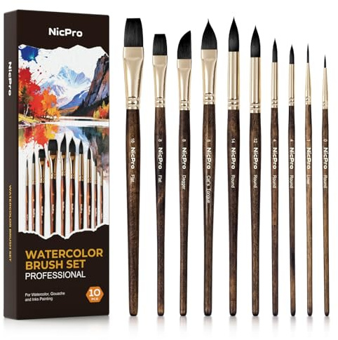 Nicpro 10 Pinceles Acuarela, Pinceles sintéticos de Pelo de Ardilla, Planos, Daga, delineador, Redondo, Lengua de Gato para Principiantes y Artistas, Ideal para Acuarela, Gouache, Pintura con Tinta