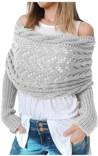 Schal Mit Ärmeln Für Damen Leichte Pulloverschal Strickjacken Geflochtene Lochmuster Stola Elegant Bolero Mode Hohlraum Poncho Langarm Schulterjacke Top Boho Sweater Wrap Scarf Tücher Pashmina Schals