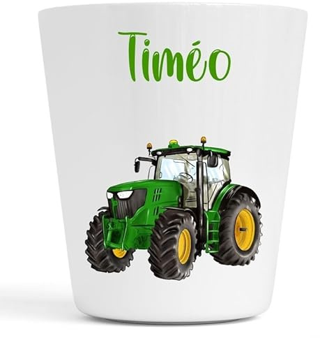 Générique Gobelet en Plastique pour Enfants | Gobelet Personnalisé avec Nom |Verre Plastique Incassable Personnalisé motif Tracteur, grue pâques et moto (Tracteur vert Timéo)