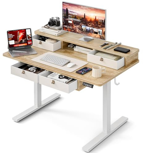Grandder 47 Inch Electric Standing Desk with Four Drawers, Sit to Stand Up, Height Adjustable Desk with Storage Shelf for Home Office, Study, Ergonomic Adjustable Computer Desk, Oak
