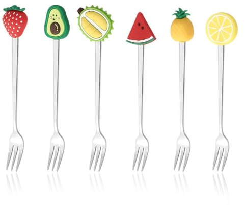 Raheem 12 stycken fruktgafflar i rostfritt stål med silikonhandtag återanvändbara minifruktgafflar dessert tårtgafflar för barn, Bento lunchlåda, fingermat, mellanmål, fest, hem, restaurang, café och