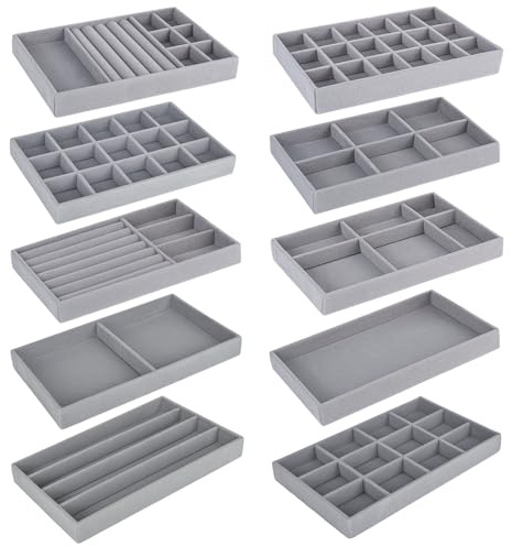 bssmmai 10 PCS Jewellery Drawer Organiser Insert, Jewellery Organiser Tray, Jewellery Tray for Rings, Earrings, Necklaces and Bracelets (Grey)