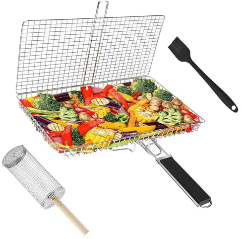 Set di Cestelli per Griglia, Cestino per Barbecue Girevole da 2 Pezzi Griglia Barbecue in Acciaio Inox Manico in Legno Rimovibile Pieghevole e Portatile Accessori Barbecue per Verdure e Gamberi