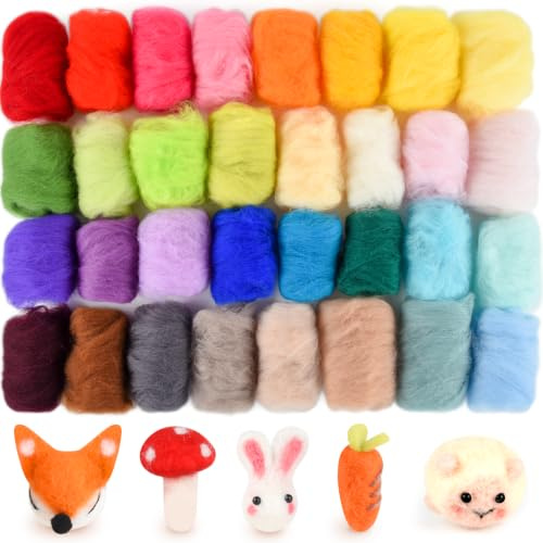 NEBURORA 32-Farben-Nadelfilzwollset, 3 g pro Farbe für DIY-Bastelarbeiten | Wollfilz-Zubehör, insgesamt 96 g, geeignet für DIY-Bastelarbeiten, Handspinnen, Wollkammzug in großen Mengen