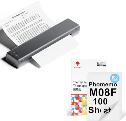 Phomemo M08F Tragbarer Drucker Grau mit 100 Blatt Doppelseitigem A4 Thermopapier, kabelloser Bluetooth-Mobildrucker für Reisen, Auto, Büro & Zuhause, Tintenloser Druck
