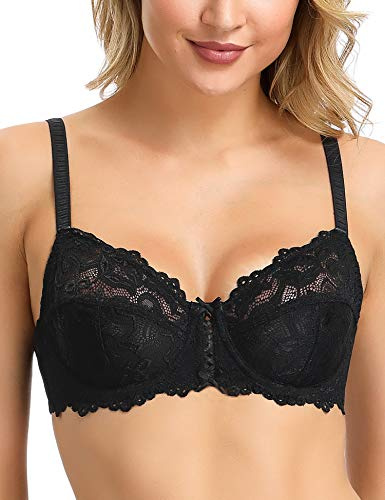 WingsLove Women's Floral Lace Bra Underwire Non Padded Soft Cup Full Coverage Black 32D
