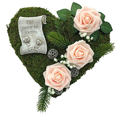 Grabgesteck Grabschmuck Grabaufleger Moosherz Grabherz Trauerherz Grab Herz Gesteck Rosen mit Schriftrolle Für Immer im Herzen (Rosen Rosa)