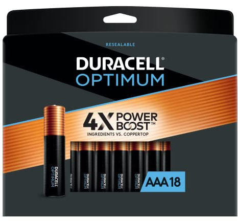 Duracell Optimum AAA Batteries | Lasting Power Triple A Battery | Alkaline AAA Battery Ideal for Household and Office Devices | Resealable Package for Storage, 18 Count (Pack of 1)