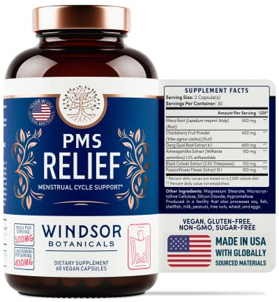 PMS Support Supplement for Women with Chasteberry, Maca Root, Ashwagandha - Period Relief, Bloating Relief for Women, Mood Support, Hormone Balance Herbal Supplements - 30 Day, 60 Vegan Capsules