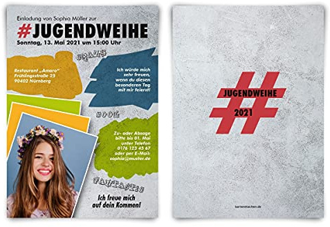Kartenmachen.de 10 x Jugendweihe Einladungskarten Einladungen DIN A6 hoch Text und Foto individuell - Bunte Jugend