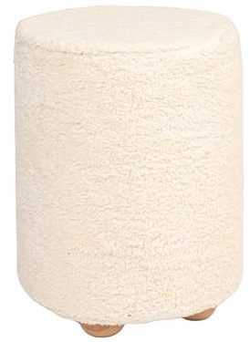 Bloomingville Round Sherpa Upholstered Pouf with Pine Wood Feet, Cream and Natural