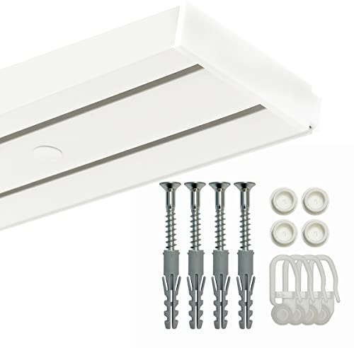GARDINEUM - 2-läufige Gardinenschiene, Vorhangschiene aus Kunststoff, vorgebohrt, Komplettset mit Zubehör, bis 2 m erhältlich (3,20 m (2 x 1,60 m + Verbinder))