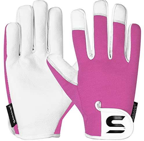 SAWANS Leder-Gartenhandschuhe für Damen und Herren, dornensichere Gartenhandschuhe für Damen und Herren, ideales Gartengeschenk, langlebige Ziegenleder-Arbeitshandschuhe (Rosa, M)