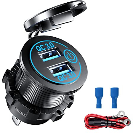 GUNGY USB Steckdose 12V Dual QC 3.0 USB Auto Ladegerät mit Blau LED Berühren Schalter Zigarettenanzünder USB Dose Einbaubuchse für 12V/24V KFZ Motorrad LKW Marine Blau