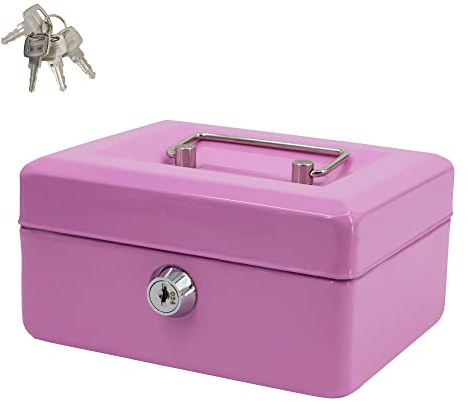 Time to Sparkle 6 inch Small Lock Box Money Safe with Tray for Cash Metal Saving Box Lock and Key with Stainless Steel Handle 15 * 12 * 8cm Pink
