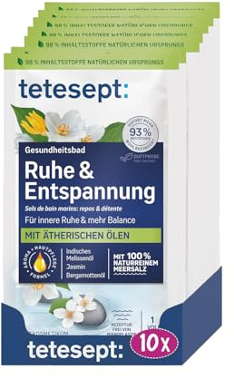 tetesept Havssalt lugn och avkoppling – hälsobad för en känsla av inre lugn med eteriska oljor – lugnande badtillsats med naturligt havssalt – 10 x 80 g