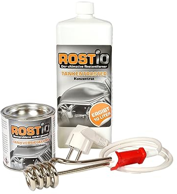 Rostio Tankentroster-Set 1L – inkl. 250ml Tankversiegelung & Tauchsieder – hochergiebig (1:10) – für Tanks bis 10L – Rostentferner & Korrosionsschutz – ethanolfest & flexibel – Set zur Tanksanierung