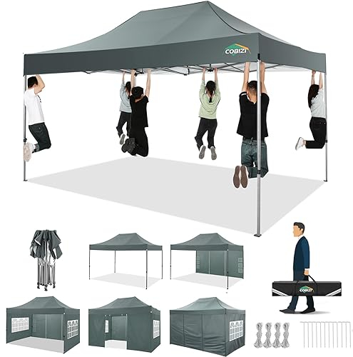 COBIZI Gazebo 3x4,5,Esterno Resistente con 4 Parete Laterale,Esterno Pieghevole Impermeabile Gazebos da Giardino,Tendone Padiglione Pop Up per Feste Campeggio (3 per 4,5m Grigio)