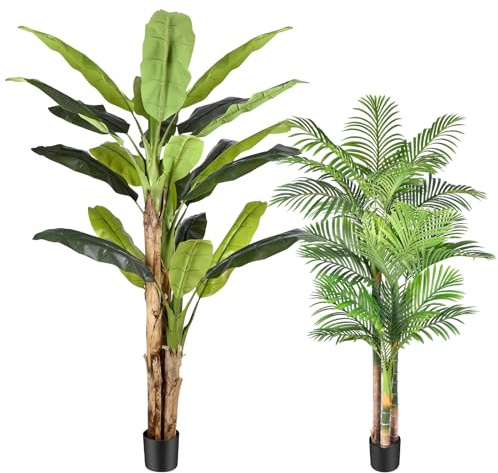 Keeplush 8.5ft Artificial Golden Cane Palm Tree and 8.5ft Extra Tall Banana Plant Large Artificial Tree Potted Fake Banana Tree, UV Resistant