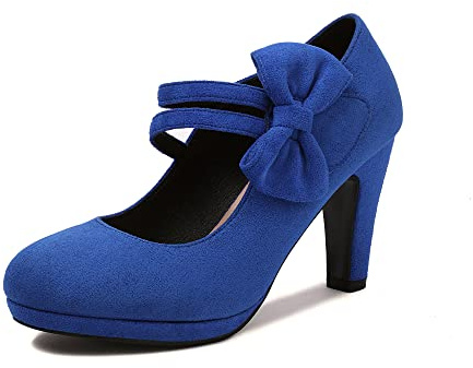 elerhythm Décolleté da donna Mary Jane con fiocco, stile retrò, punta chiusa e arrotondata, in pelle scamosciata, con fiocco a farfalla, vintage Gatsby, Blu reale, 37 EU