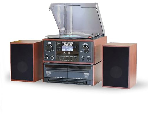 Steepletone BOSTON Black 5 in 1 Music Centre, Bluetooth Vinyl Record Player, Turntable with CD, Cassette, FM Radio and Aux in, USB MP3 playback & Encoding, Remote Control, Standalone Stereo Speakers