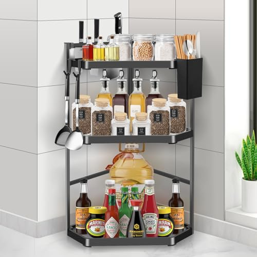 MaxEarn 3-Tier Spice Racks Organiser, Free Standing Kitchen Shelf Organiser | 40x29x60cm, Space-Saving Corner Metal Storage Organizer for Kitchen countertop, Bedroom, Bathroom, Office, Black