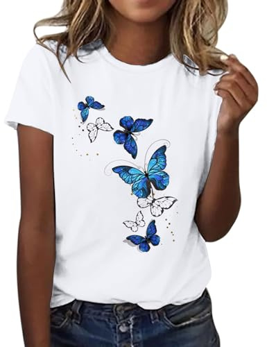 Uwdiohq Maglietta da Donna con Stampa a Farfalla, Manica Corta, Girocollo, Maglietta alla, Leggera, Morbida, Casual, Traspirante Abbigliamento Estivo Magliette in